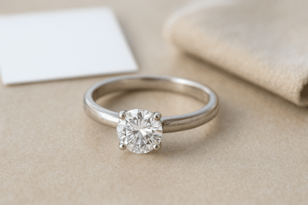 Close-up of a sterling silver engagement ring with slight wear, blank card, and polishing cloth in the background.