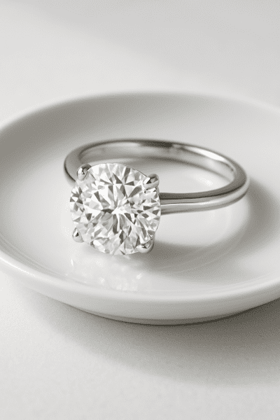 Solitaire lab-grown diamond ring with a large stone on a minimalist white ceramic saucer.