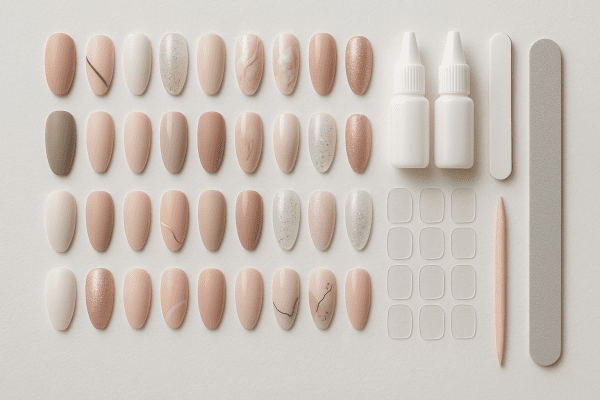 Flat lay showing organized clip on nails of different materials, shapes, adhesives, and nail art styles with manicure tools.