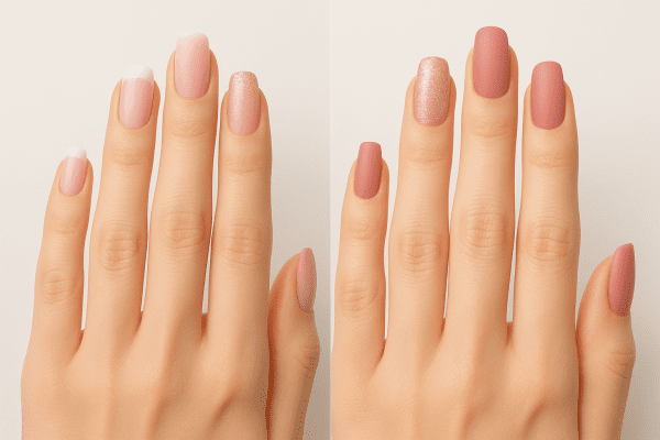 Two hands with clip on nails displaying a variety of tip styles and lengths against a seamless light background.