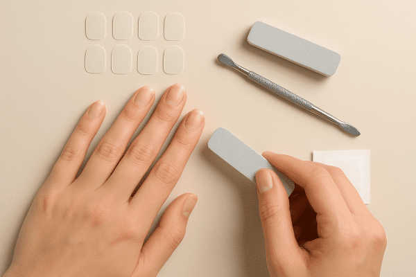 Close-up of hands prepping nails with cuticle pusher and buffer, tools and adhesive tabs arranged neatly on a clean surface.