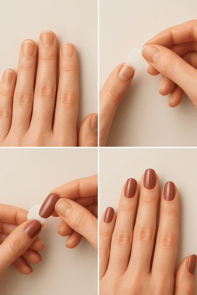 Four-panel collage showing each step of clip on nail application, from prep to finished look.