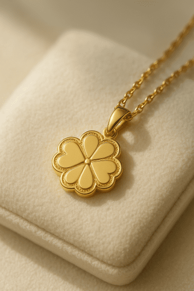 Close-up of a contemporary gold clover motif pendant on pale velvet, highlighting craftsmanship.