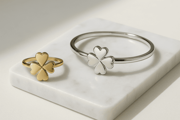 Four-leaf clover ring and silver bracelet contrasted on white marble, showcasing finishes.