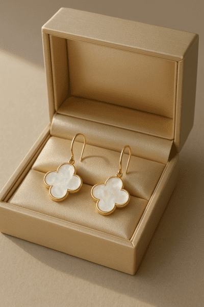 Mother-of-pearl clover earrings in champagne satin-lined box, exuding luxury.