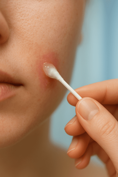 Detailed close-up of hand with cotton swab applying clear gel to inflamed cystic acne on jawline, blue blurred background.