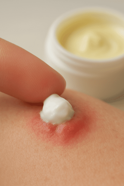 Macro shot of fingertip dabbing benzoyl peroxide cream on large cystic acne lesion, sulfur cream jar in background.