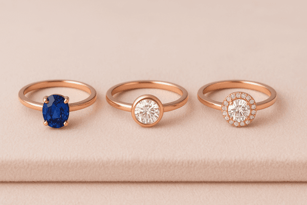 Rose gold rings with sapphire and diamond gemstones, displayed in different settings on blush velvet.