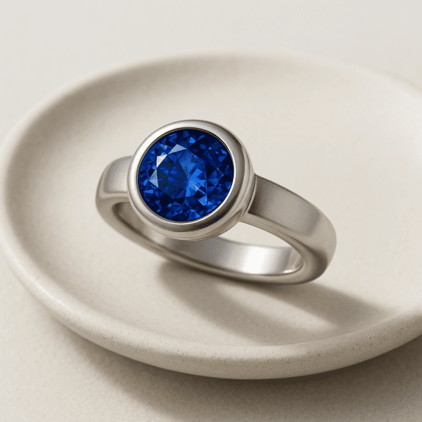 Bezel-set sapphire engagement ring centered on a matte off-white ceramic tray.