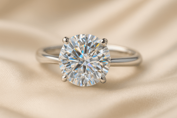 A platinum engagement ring with a round brilliant diamond, sparkling with rainbow fire, presented on rippled cream silk.