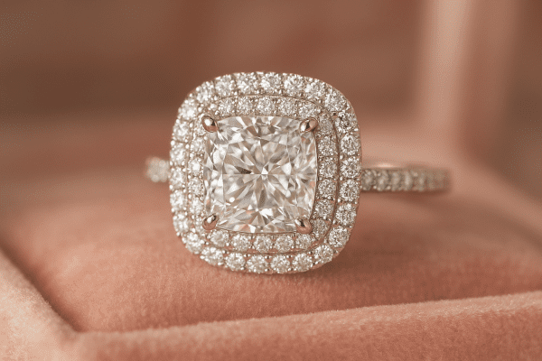 A platinum engagement ring with a cushion cut diamond and double halo, sparkling on blush velvet.