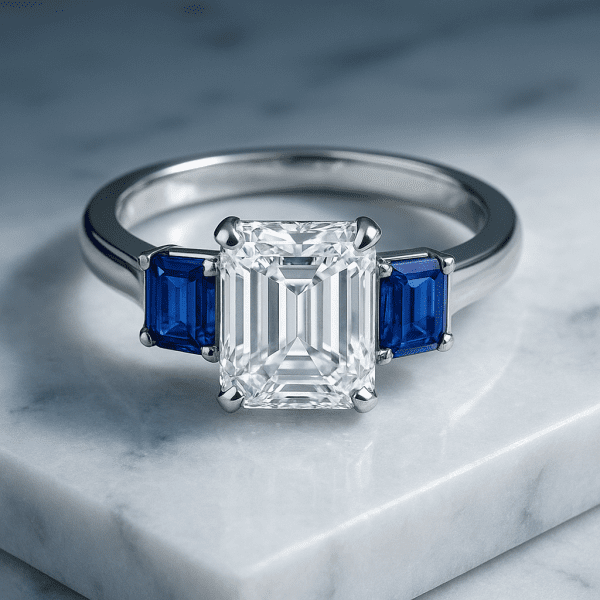An emerald cut diamond and blue sapphire ring in white gold, gleaming on polished marble.