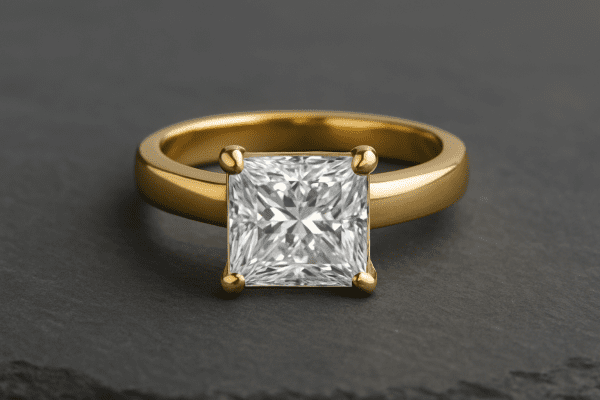 A yellow gold engagement ring with a robust princess cut diamond on a matte slate-grey stone.