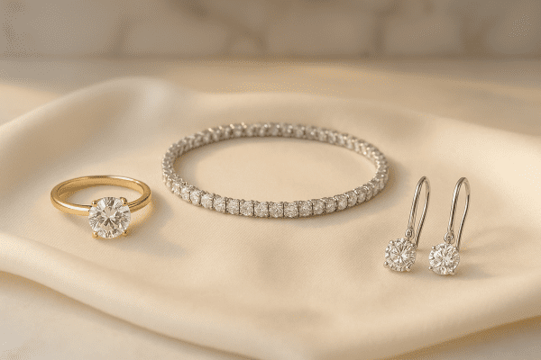 Diamond ring, tennis bracelet, and drop earrings in yellow gold, white gold, and platinum arranged on silk with soft daylight and an airy marble background.