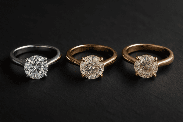 Three engagement rings lab-grown diamond in platinum, natural diamond in yellow gold, natural diamond in rose gold displayed upright on slate with dramatic lighting.