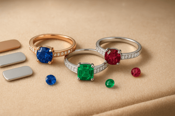 Three engagement rings with diamond and sapphire, emerald, or ruby accents in rose gold, white gold, and platinum on champagne velvet, with loose gemstones and metal swatches.