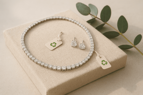Diamond tennis necklace and earrings with subtle eco-friendly tags on a recycled linen box, accompanied by a eucalyptus sprig and soft, natural lighting.