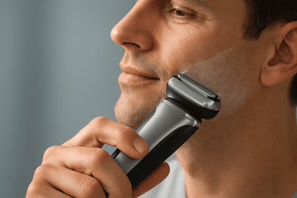 A man shaving his cheek with a contoured electric razor, highlighting ergonomic design and comfort.