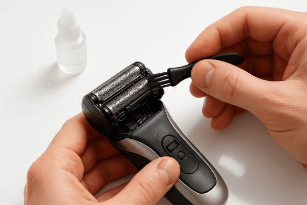 Close-up of hands cleaning and oiling an electric razor, tools and internal parts in sharp detail.