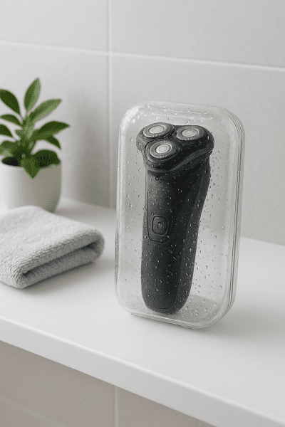 Electric razor in a waterproof case with water droplets, displayed on a modern bathroom shelf with towel and plant.