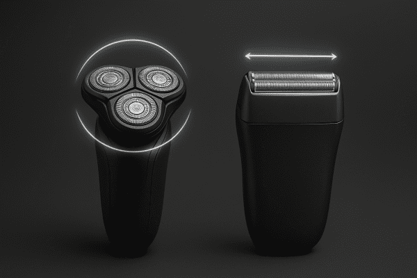 Rotary and foil shavers on a dark matte surface, glowing arrows show suggested shaving motions, background softly faded.