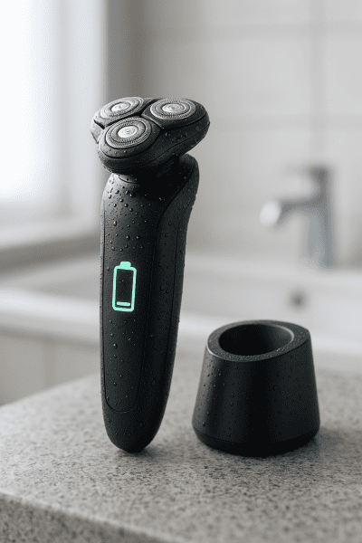 Electric shaver upright with water beads and glowing battery icon, charging base nearby, modern bathroom vanity in soft daylight.