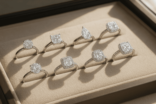 Elegant engagement rings with different diamond cuts and settings on a pale suede pad, sunlight enhancing their brilliance.