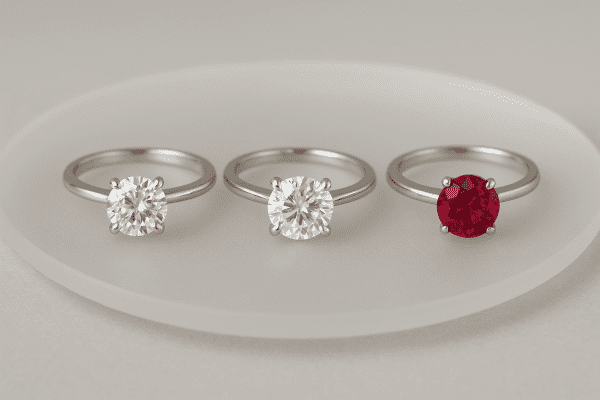Lab diamond, moissanite, and ruby engagement rings side by side on a frosted glass plate under soft lighting.