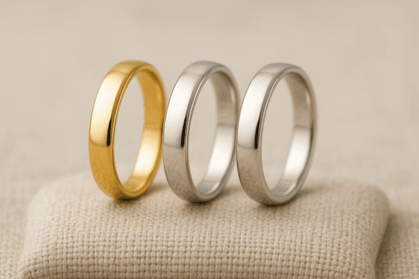 Yellow gold, platinum, and white gold bands upright on a linen cushion, each metal's luster captured in soft lighting.