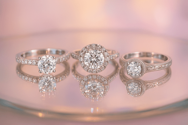 Pavé, halo, and vintage milgrain engagement rings on a mirrored tray, sparkling with pastel light reflections.