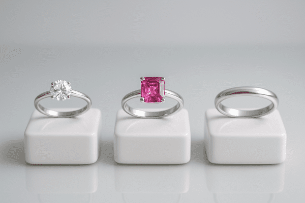 Solitaire diamond, pink sapphire, and platinum wedding band displayed on ceramic stands.