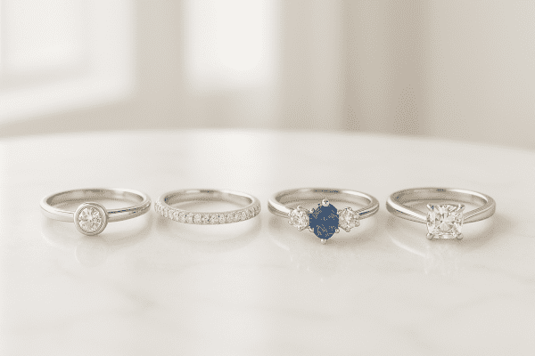 Bezel, Pavé, three-stone, and tension engagement rings on a polished marble slab.