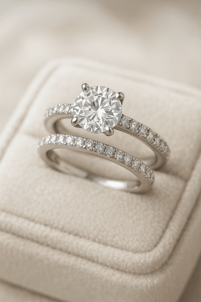 Ultra-close shot of a diamond engagement ring and matching white gold band on ivory velvet.