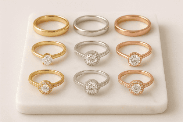 Organized assortment of gold wedding bands and engagement rings on a marble tray.