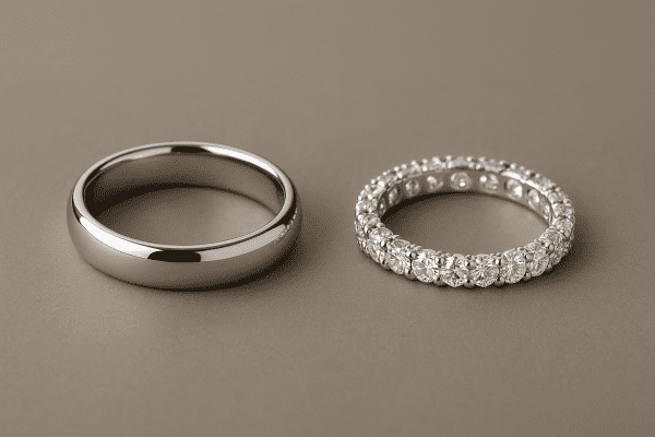 Platinum band and diamond eternity ring side by side on taupe matte background.