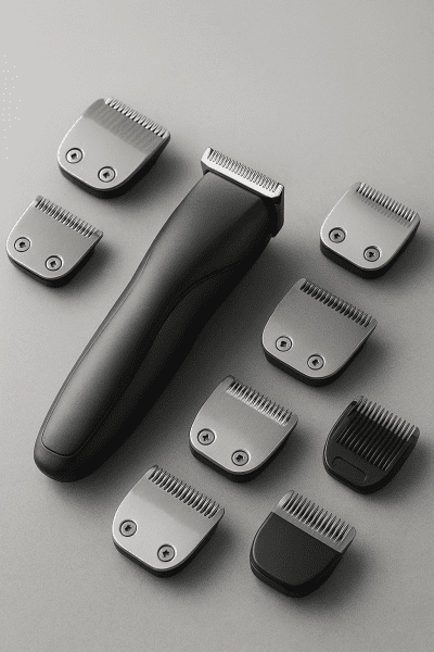 A luxury face trimmer with stainless steel and ceramic blade attachments, neatly arranged on a matte stone surface.
