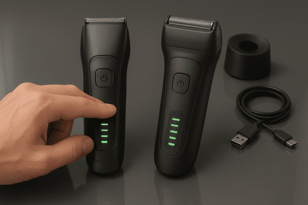 Two advanced grooming devices with illuminated battery indicators, charging dock, and USB cord on a glossy counter.