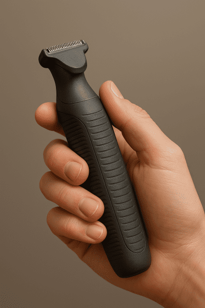 Hand holding a face trimmer, focusing on the anti-slip ergonomic handle, pivoting head, and safety guard.
