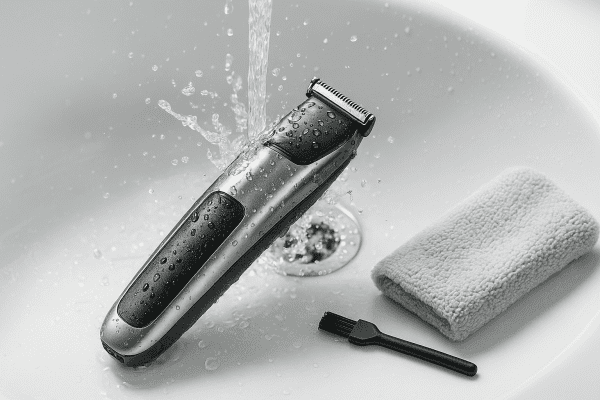 Waterproof face trimmer being rinsed under running water, with a microfiber towel and cleaning brush by a porcelain sink.