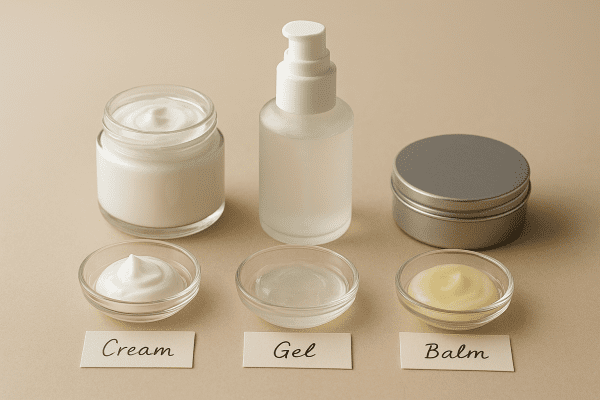 Macro of lotion being applied to hydrated skin with vials labeled ceramide, squalane, and lipids in background.