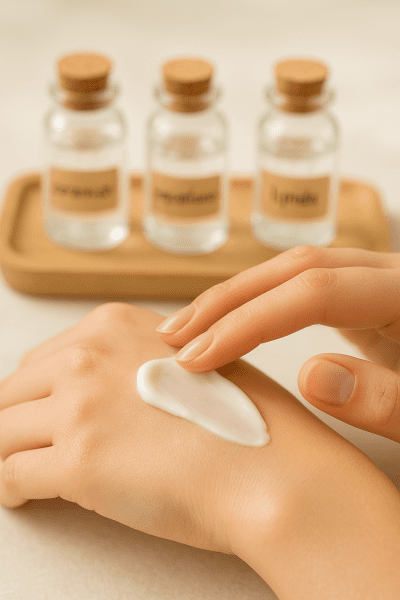 Unbranded containers of moisturizing products with samples of cream, gel, and balm textures on a neutral tabletop.