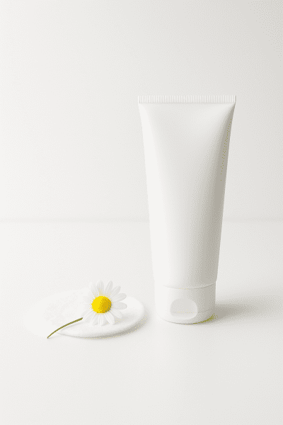 Fragrance-free face lotion in a white tube, with a cotton pad and chamomile flower on a clean surface.