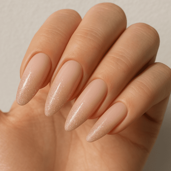 Manicured hand with assorted acrylic nail shapes, each with a unique glitter gradient and gel finish.