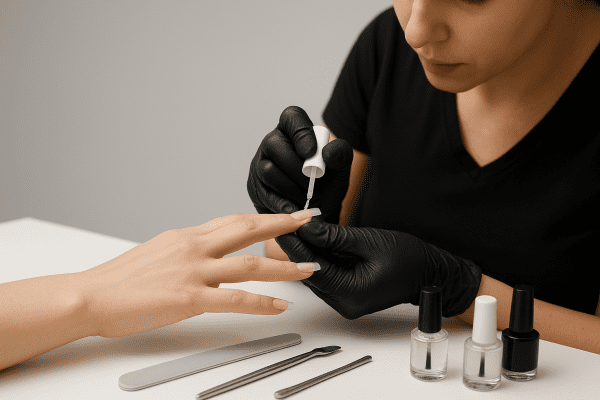 Nail technician precisely applying clear nail tips with glue, tools and gel polish organized nearby.