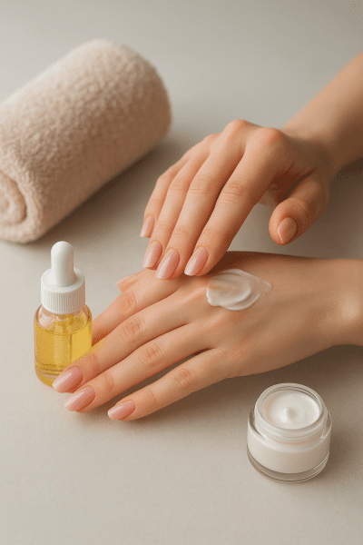 Hands with press on nails applying hand cream, with cuticle oil and moisturizer nearby.