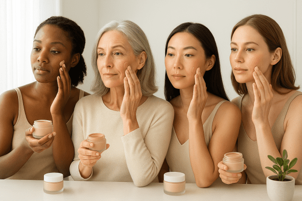 A group of women with different skin concerns and tones applying tinted moisturizer at a modern vanity, all revealing glowing, healthy skin.