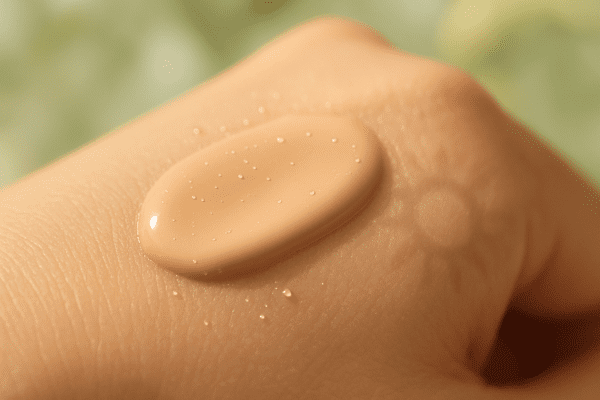 Extreme close-up of tinted moisturizer on skin, showing creamy, hydrated, subtly tinted texture with a glowing finish.