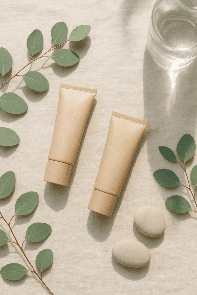 Flat lay of refillable moisturizer jars and tubes on linen with eucalyptus leaves and a water carafe, minimalist and eco-friendly.