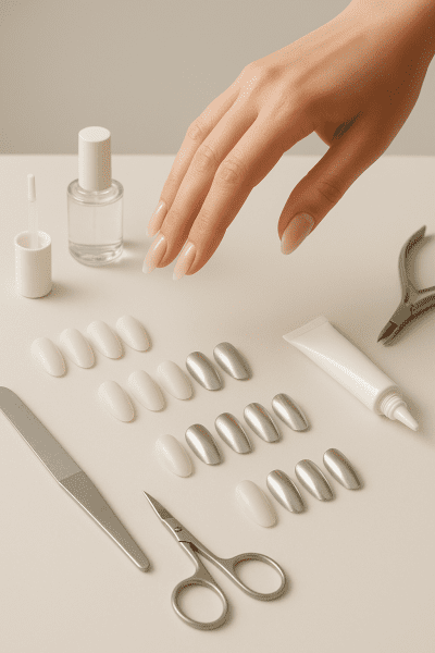 A well-groomed hand choosing from a display of modern glue on nail shapes and adhesive options on a pristine tabletop.