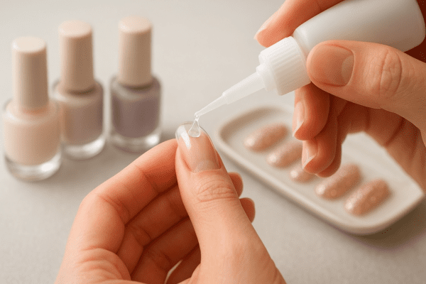 Hands precisely applying glue to a nail tip, with gel and glitter polishes nearby and finished nails in soft focus.